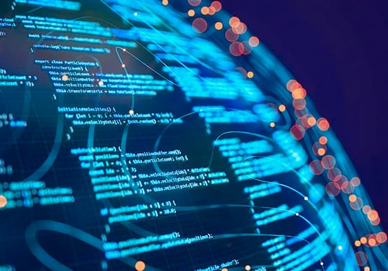 Abstract digital globe overlaid with glowing code and connected network nodes
