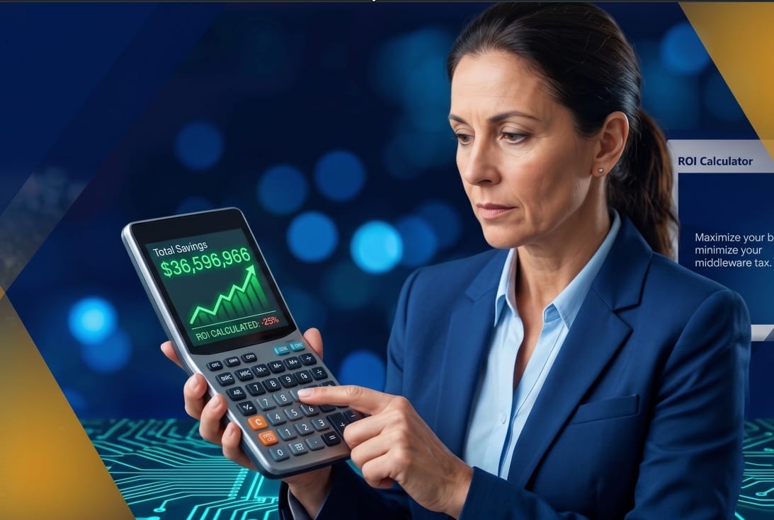 Businesswoman using a calculator displaying total ROI savings of $36,596,966