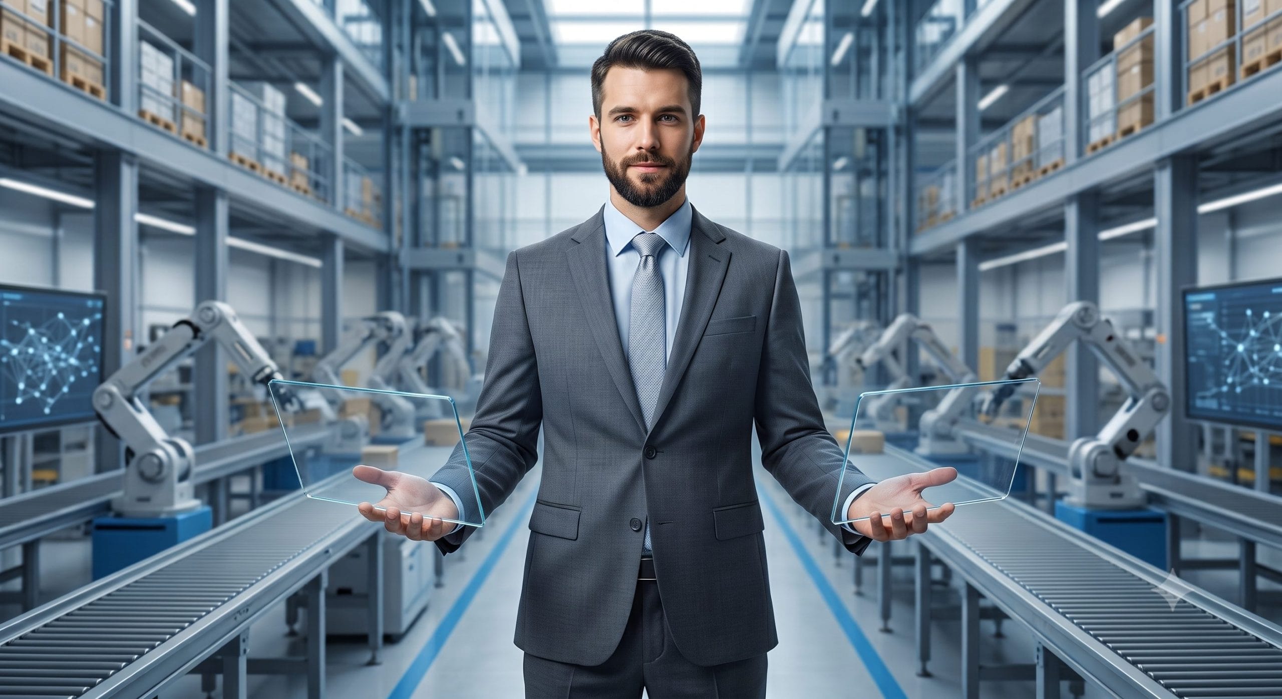Businessman in a suit holding two transparent digital tablets in a warehouse with robotic arms and conveyor belts, representing 3PL logistics automation