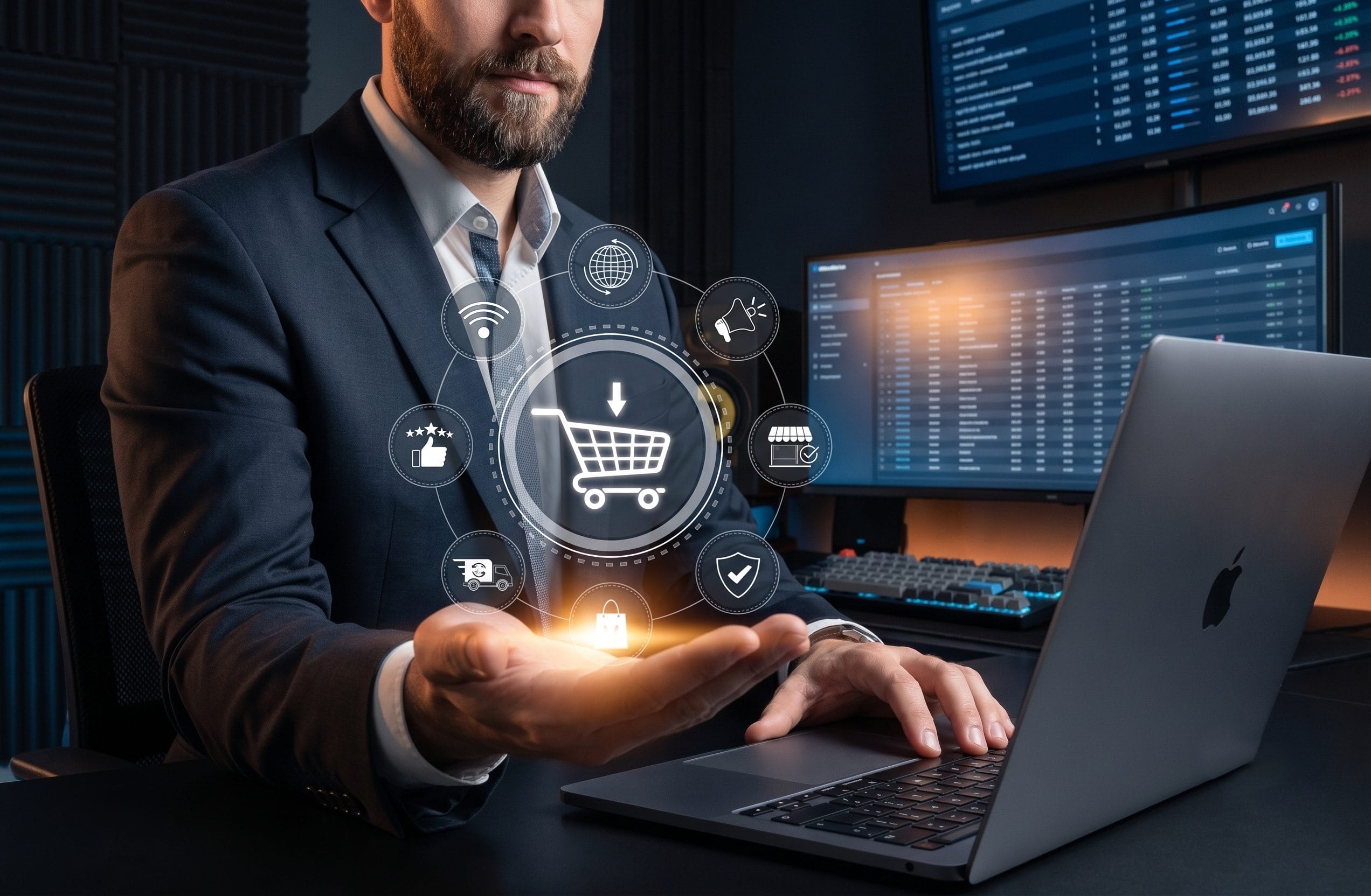 Businessman with a laptop holding a holographic ring of eCommerce icons including shopping cart, storefront, shipping, and security