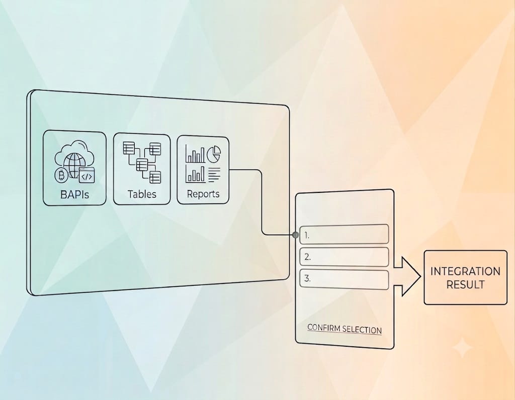 Diagram showing SAP BAPIs, tables, and reports feeding into a selection panel that produces an integration result