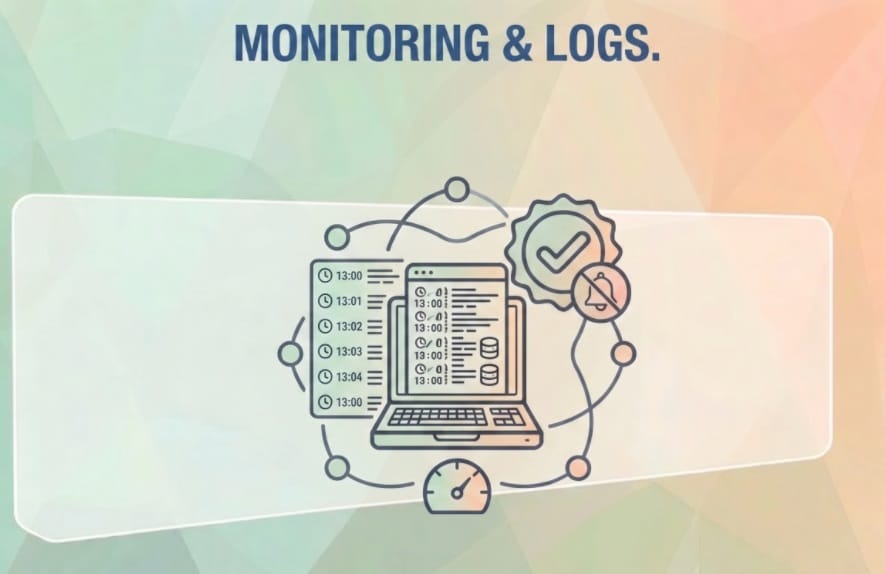 Illustration titled Monitoring and Logs showing a laptop with timestamped log entries, a checkmark badge, alert bell, and speed gauge