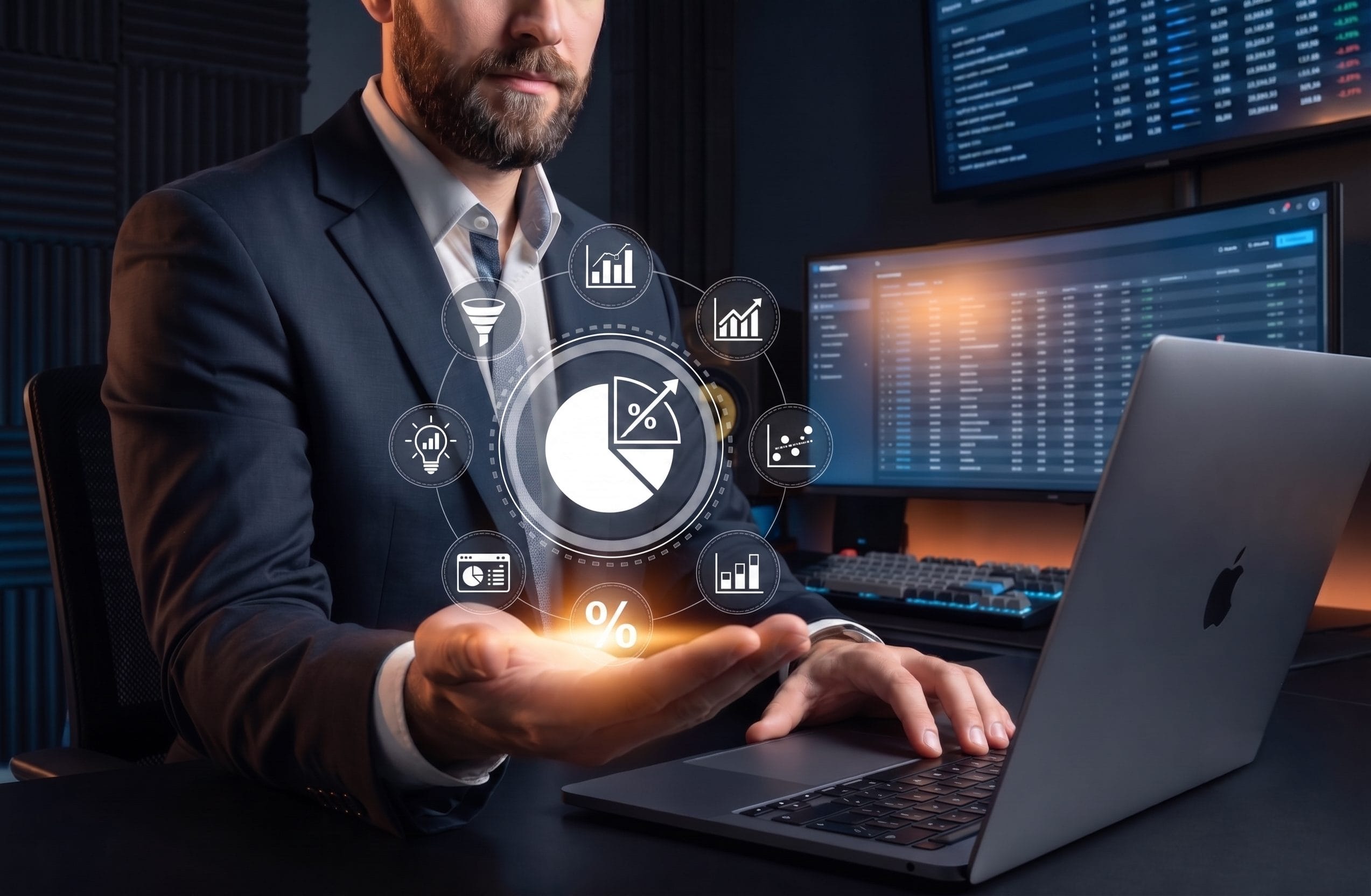 Businessman with a laptop holding a holographic ring of analytics and business intelligence icons including charts, graphs, and dashboards