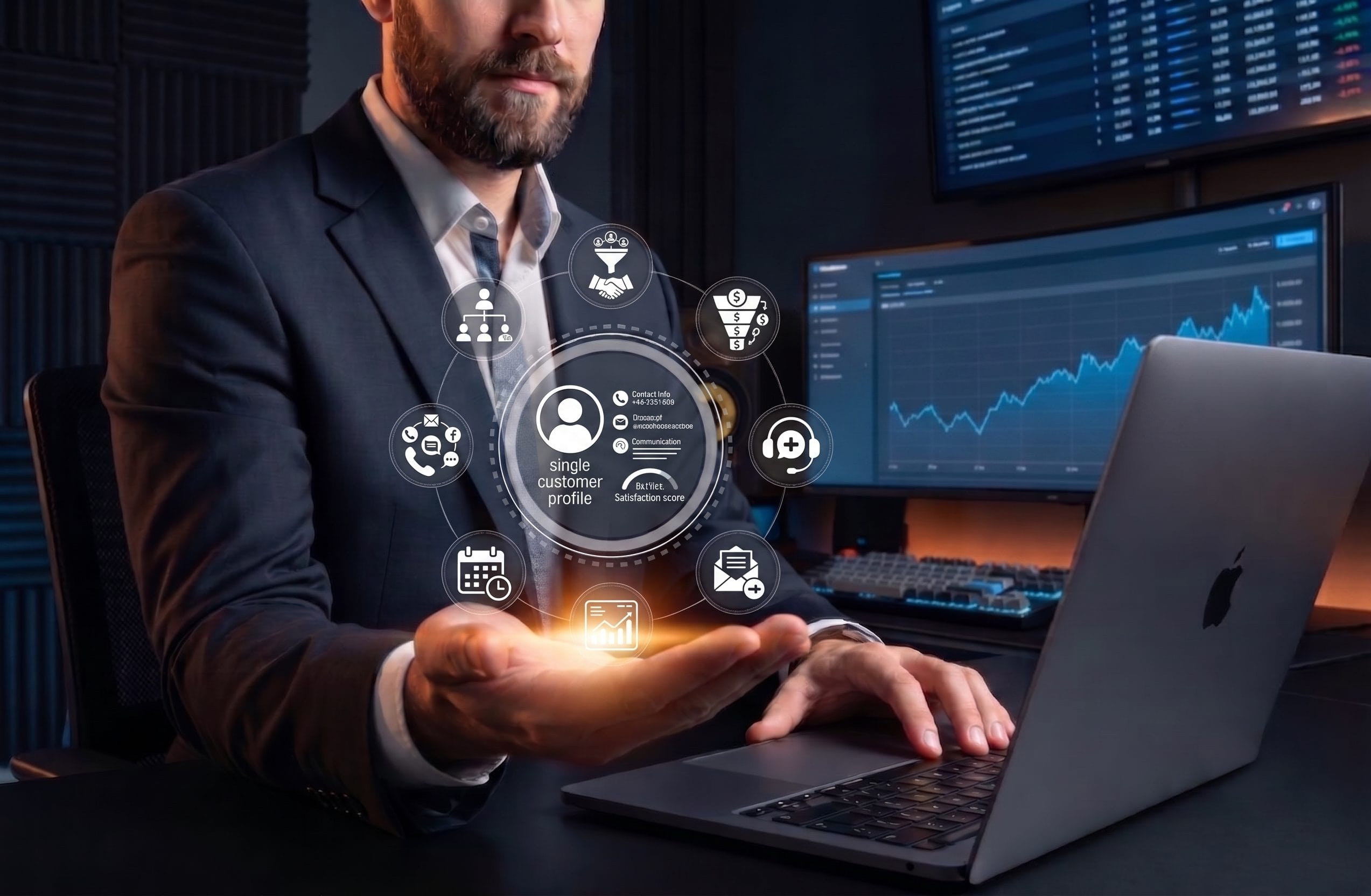Businessman with a laptop holding a holographic ring of CRM icons including single customer profile, sales funnel, contact center, and email