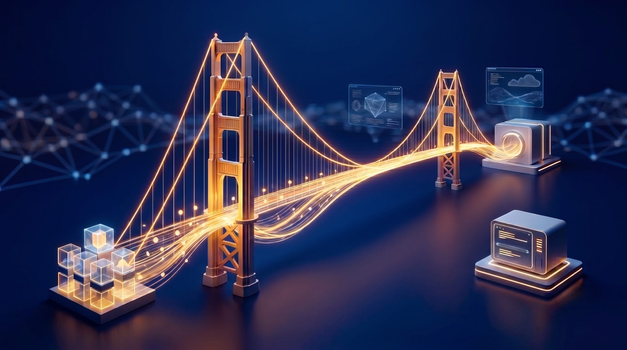 Digital illustration of the Golden Gate Bridge with glowing data streams connecting abstract cube structures, symbolizing CGR bridging systems together
