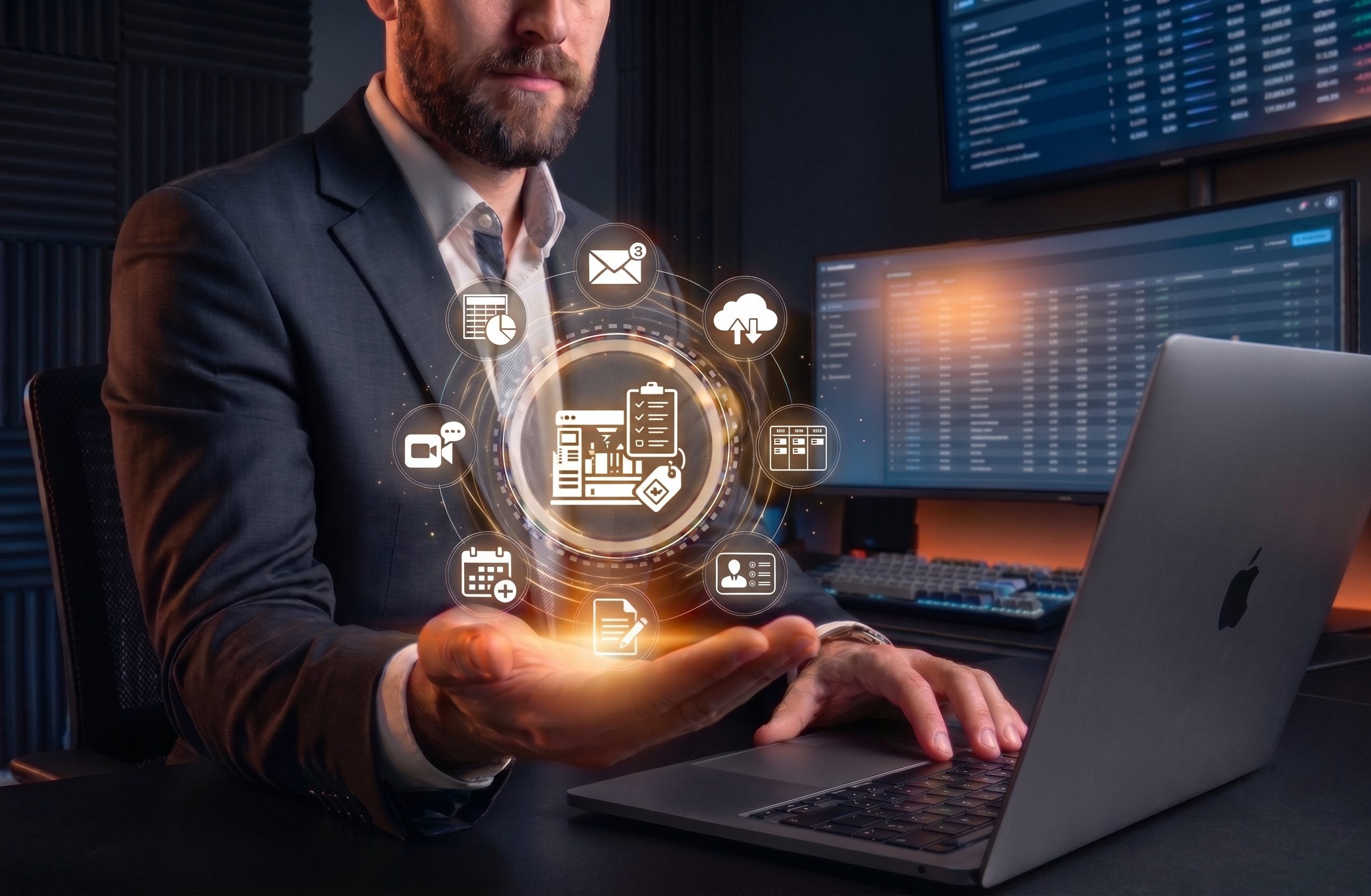 Businessman with a laptop holding a holographic ring of integration icons including cloud sync, email, video conferencing, and contacts