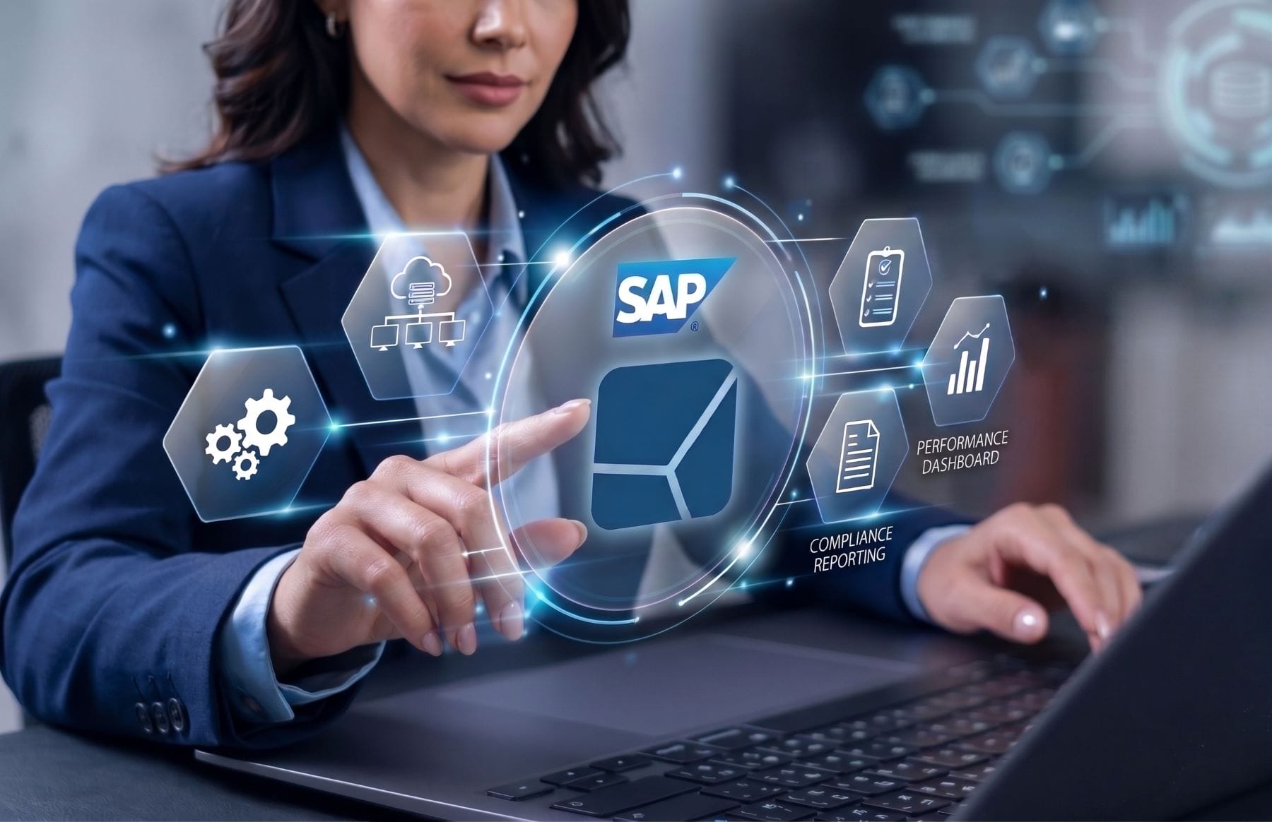 Businesswoman interacting with a holographic SAP integration platform interface showing connectors, performance dashboard, and compliance reporting icons