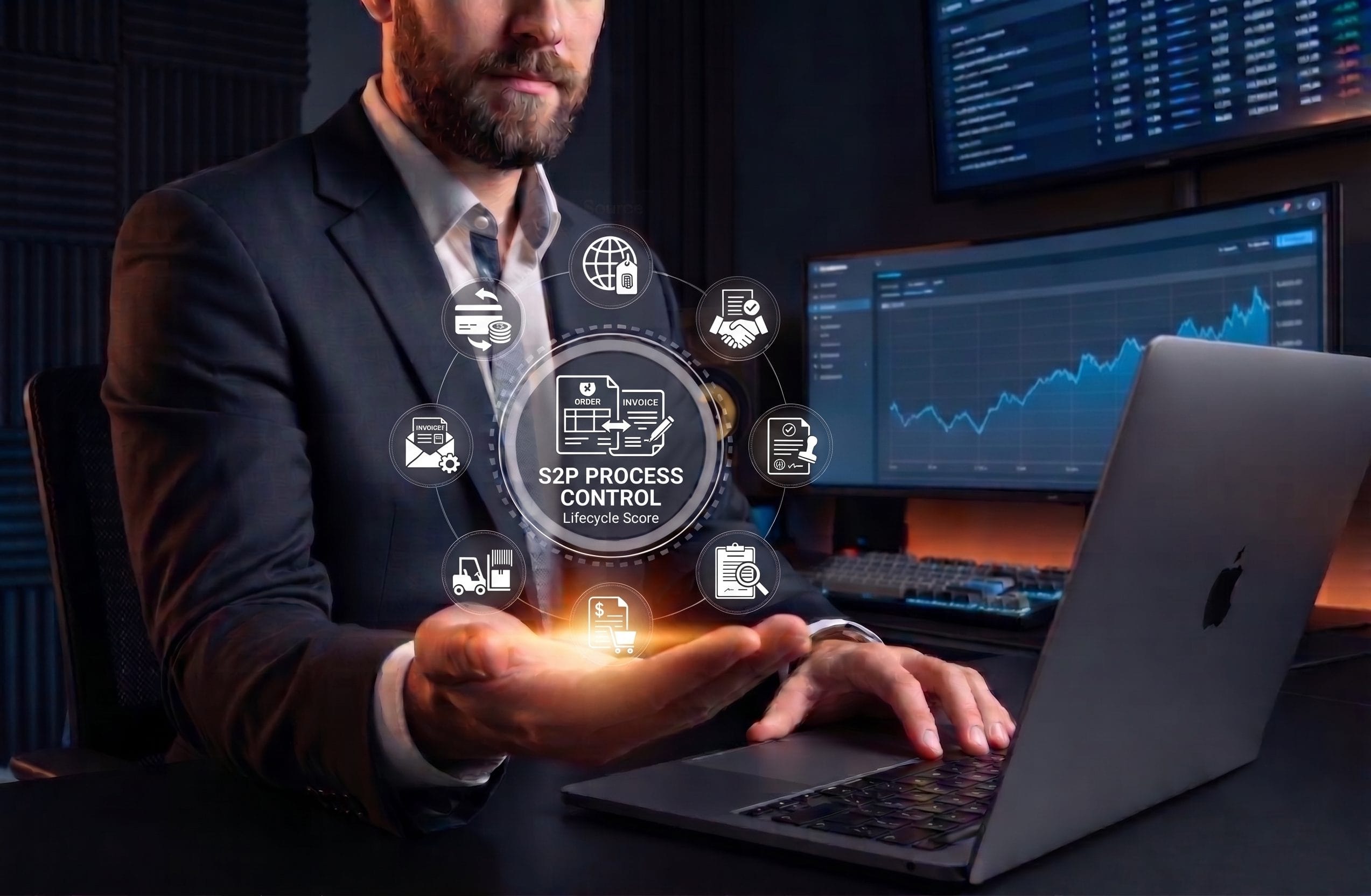 Businessman with a laptop holding a holographic ring of Source-to-Pay process icons including S2P process control, invoicing, and purchase order approvals
