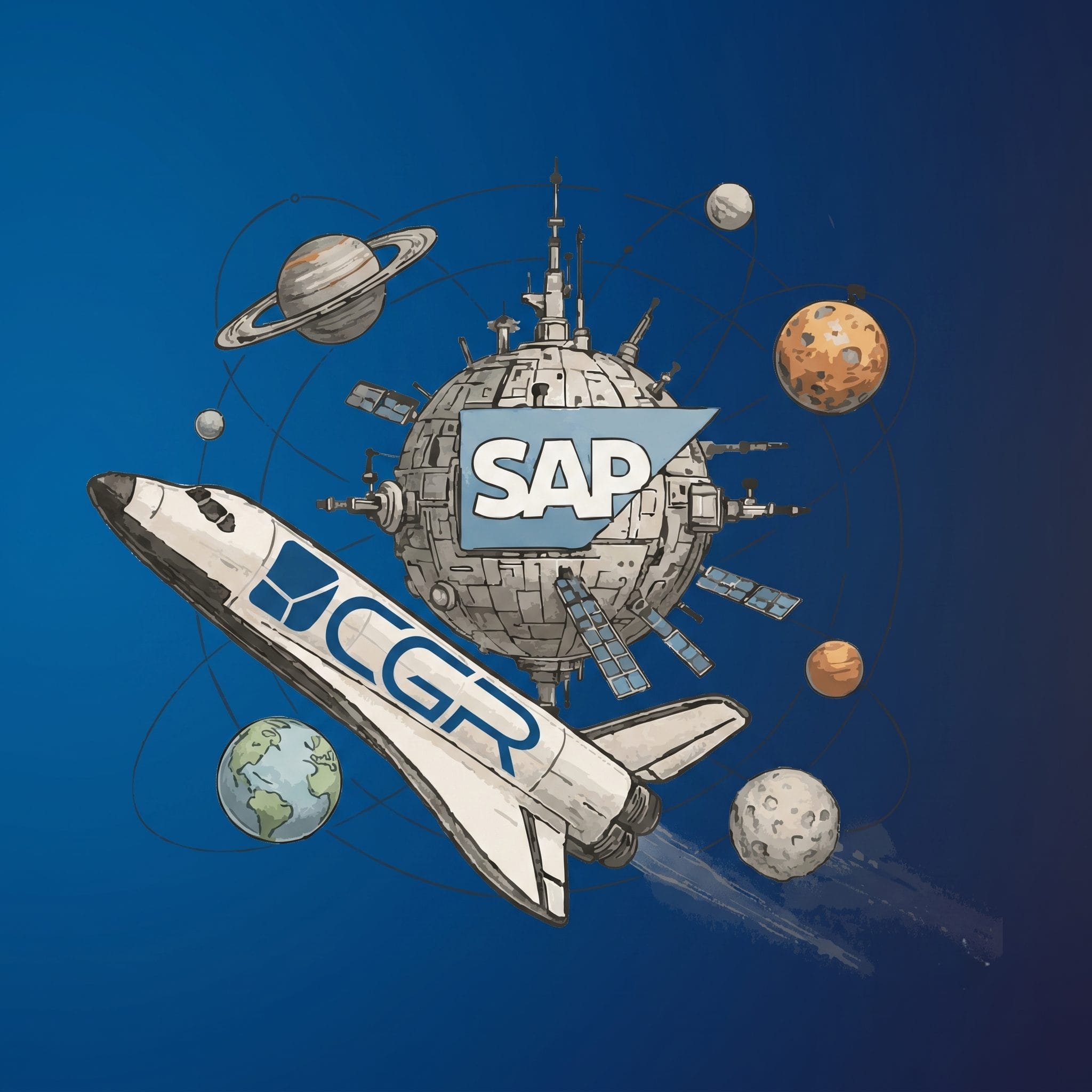 Illustration of a CGR spaceship orbiting a SAP-branded space station among planets, on a blue space background