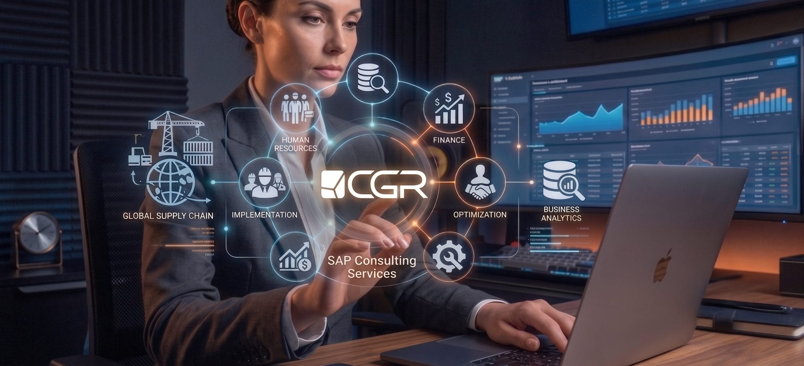 Businesswoman interacting with a holographic CGR SAP Consulting Services diagram showing global supply chain, HR, implementation, finance, optimization, and business analytics nodes